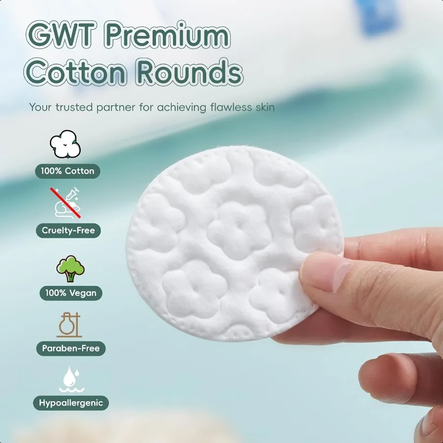 GWT Premium-Baumwollrunden für das Gesicht, 100 % reine, fusselfreie Wattepads, weicher, saugfähiger Make-up-Entferner, hypoallergen, mehrlagig, 100 Cou
