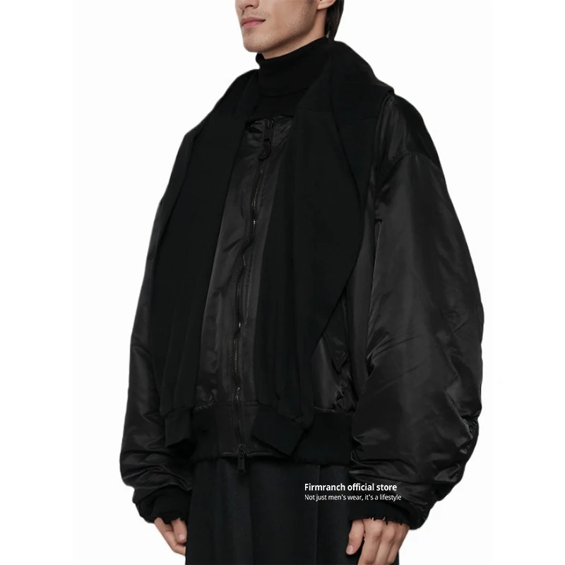 Firmranch New Short Winter Black Padded Bomber Jacket For Men Women Sleeved Hooded Thick Baseball Coat Street Outfits