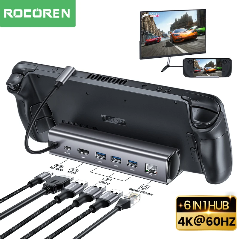 Rocoren Docking Station For Steam Deck Dock TV Base Stand 6 in 1 USB C to 4K@60Hz HDMI-compatible RJ45 PD USB 3.0 HUB For Laptop