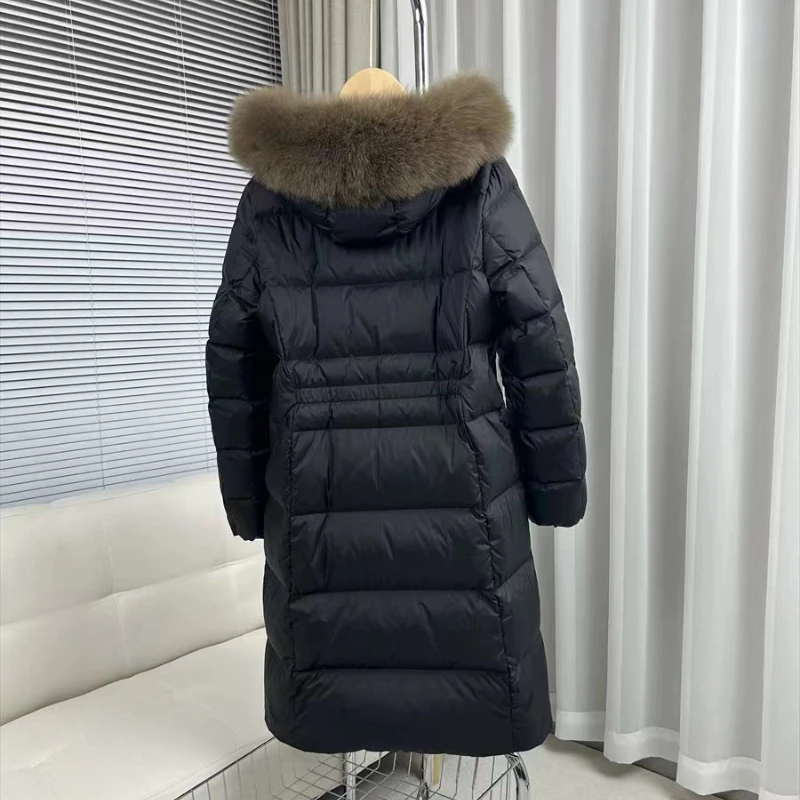 Veste bouffante à capuche avec col en fourrure de renard pour femme, style long, 90% duvet de canard blanc, fermeture éclair sur le devant, taille fine, mode hivernale