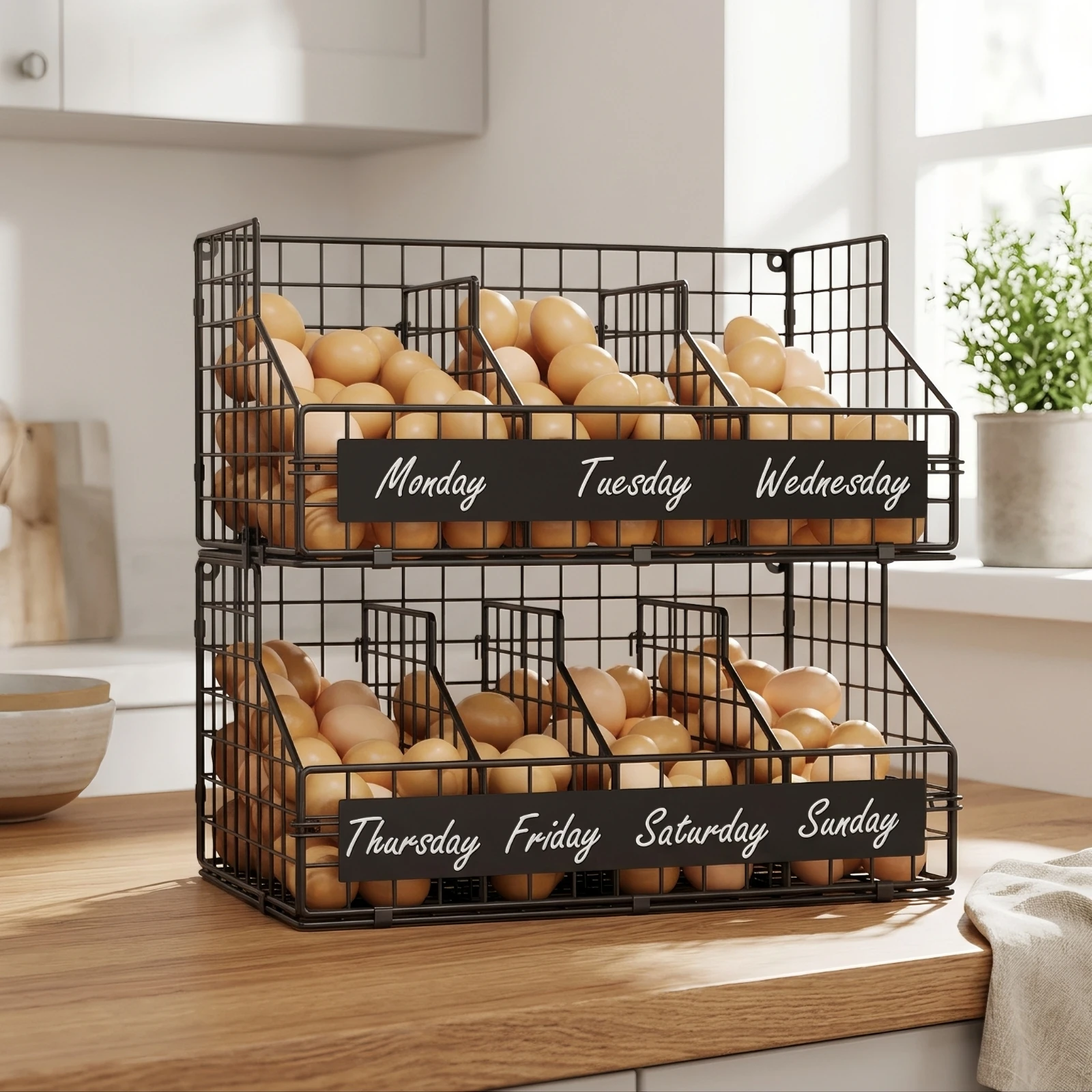 Egg Organizer Wall-Mounted Wire Storage Rack with Baskets Two-Tier Basket Rack Ventilated Stable for Families, Kitchen, Pantry