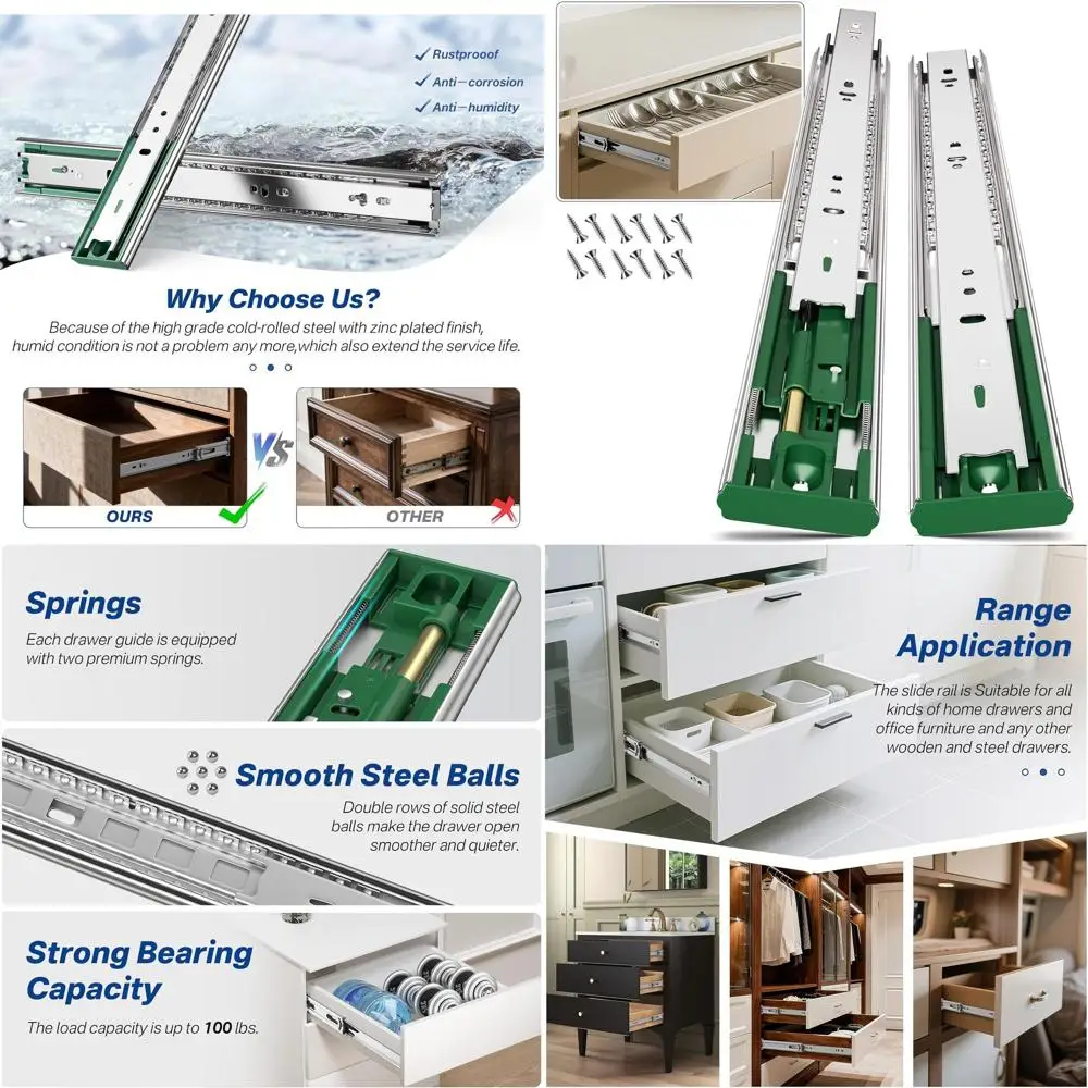 

18-дюймовые усиленные направляющие с шарикоподшипниками, грузоподъемность 100 фунтов, бесшумные боковые направляющие для шкафов, кухни, офиса и инструментальных шкафов