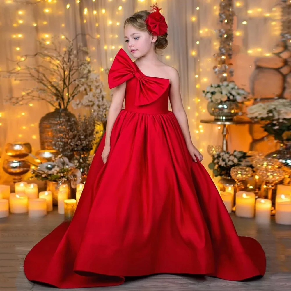 

Red Flower Girl Dresses Customized Sleeveless Big Bow Open Back A Line Satin Girls Birthday Party Dress First Communion Gown