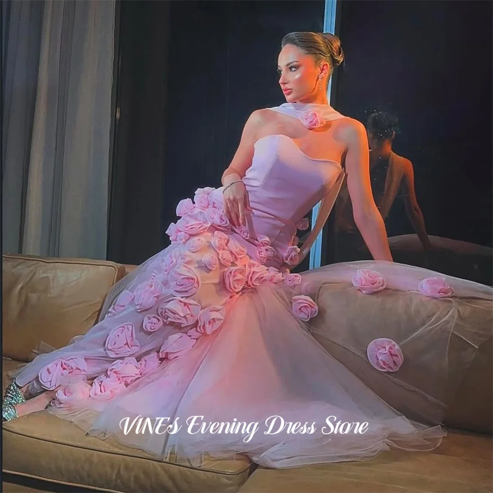 

VINES Pink Tulle Evening Dresses with 3D Rose Appliques Gala Dresses Sleeveless Romantic Formal Dresses Party Dress Customized