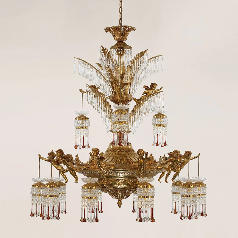 Lustre en cristal français de style européen, lampe de décirage en cuivre pur, villa de luxe, salon, construction de gel, ange