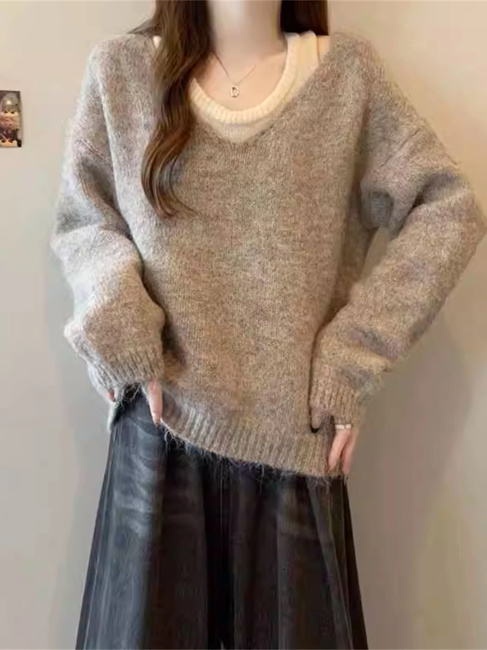 

Вязаный свитер больших размеров, комплект жилетов для женщин, осенний повседневный многослойный внутренний комплект, скрывающий мясо, ленивый сле, модный двухсекционный...