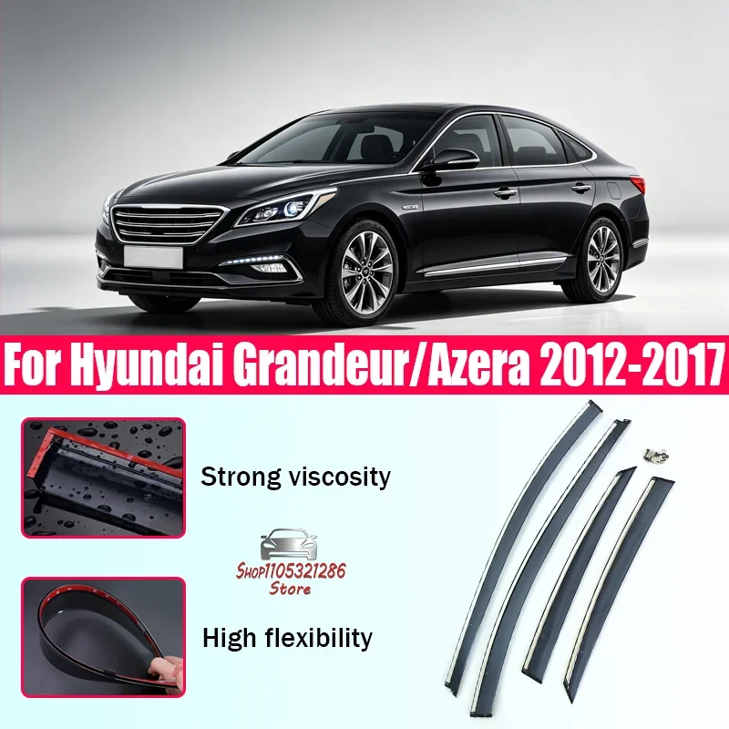 

Подходит для Hyundai Grandeur/Azera 2012-2017: Ветрозащитные накладки на окна (дождевики) или светоотражающие боковые дефлекторы