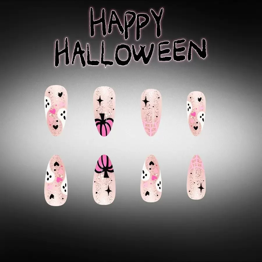 24 Stück Niedliche DIY Aufklebenägel mit Halloween-Geister-Print, Mandelform, Künstliche Nägel für Frauen und Mädchen, für den täglichen Gebrauch und Partys – Detail 6
