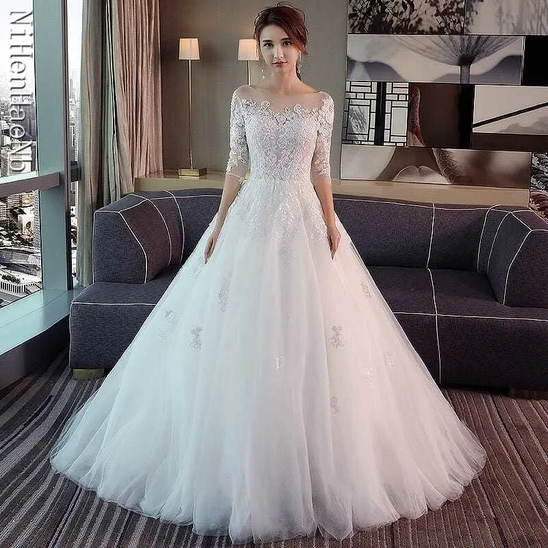 New Fashion Classic Wedding Dress 2024 New Lace Three Quarter Sleeve O-Neck Elegant Plus Size Vestido De Noiva Korean Bride Gown