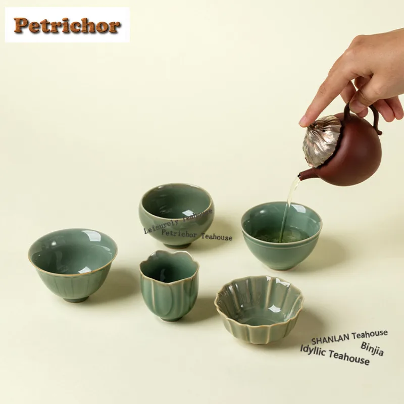 5pc/set Celadon In Yue Kiln Five Blessings Teacup Vintage Tea Bowl Single Cups Tea-tasting Meditation Cup Chazhan Master Cups
