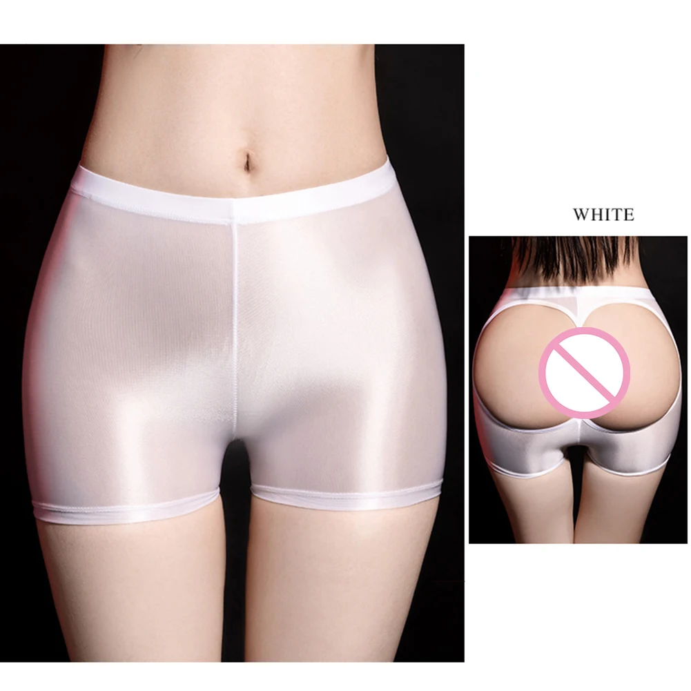 

Women Solid Smooth Oil Glossy Boxer Briefs Sexy Hollow Open Buttocks Panties Erotic Underwear High Stretch Erotic Underpants