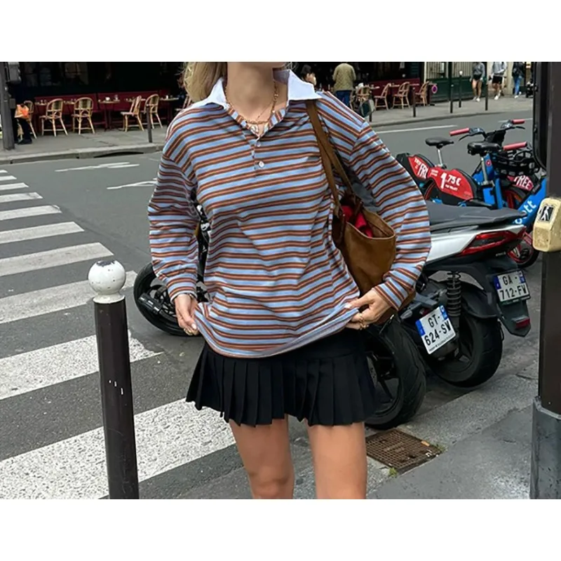 

American Niche Retro Contrast Striped POLO Shirt Female 2025 Pullover