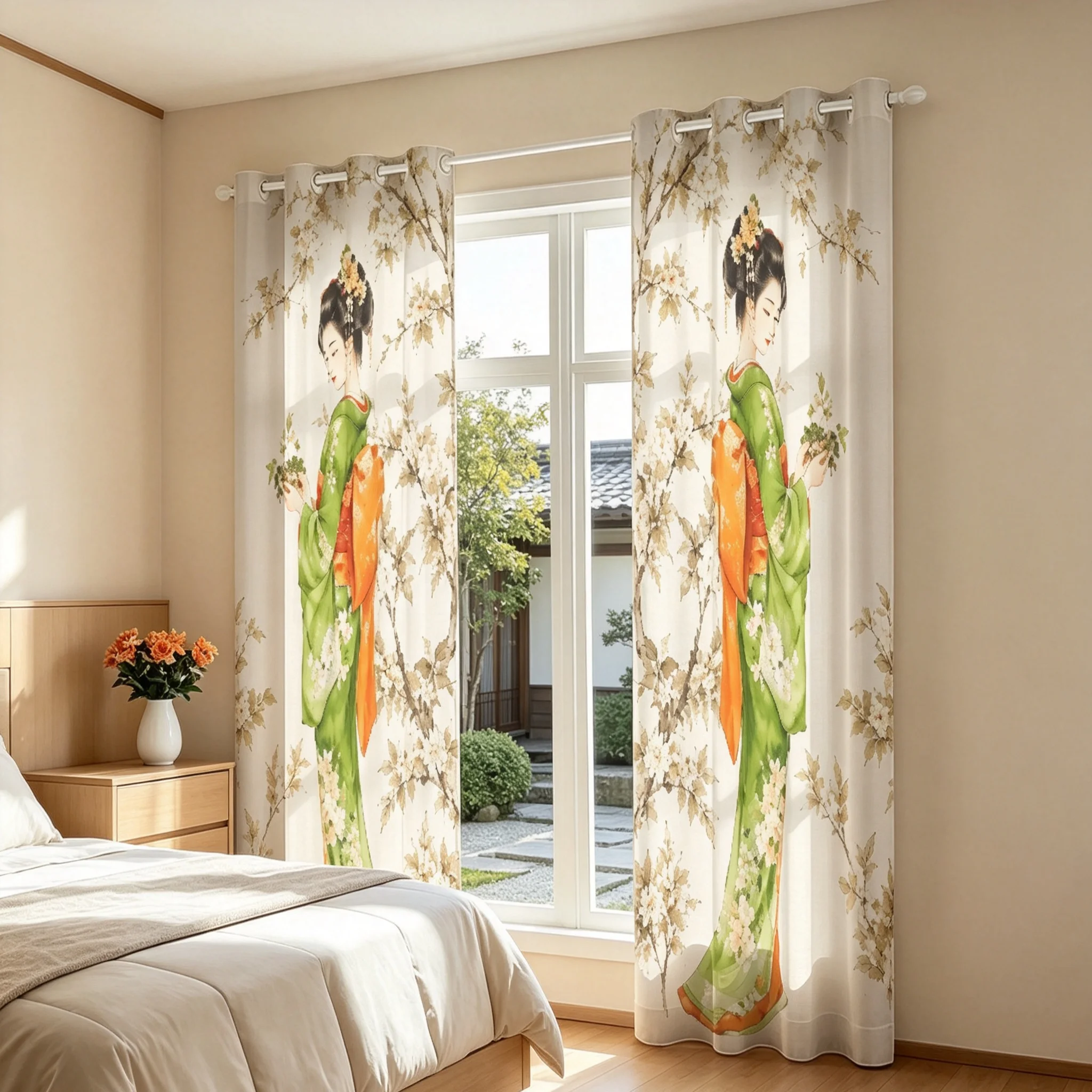 2pcs Japanese Kimono Floral Print Curtains With Holes Double Side Opening For Living Room Bedroom Privacy Home Window Decor