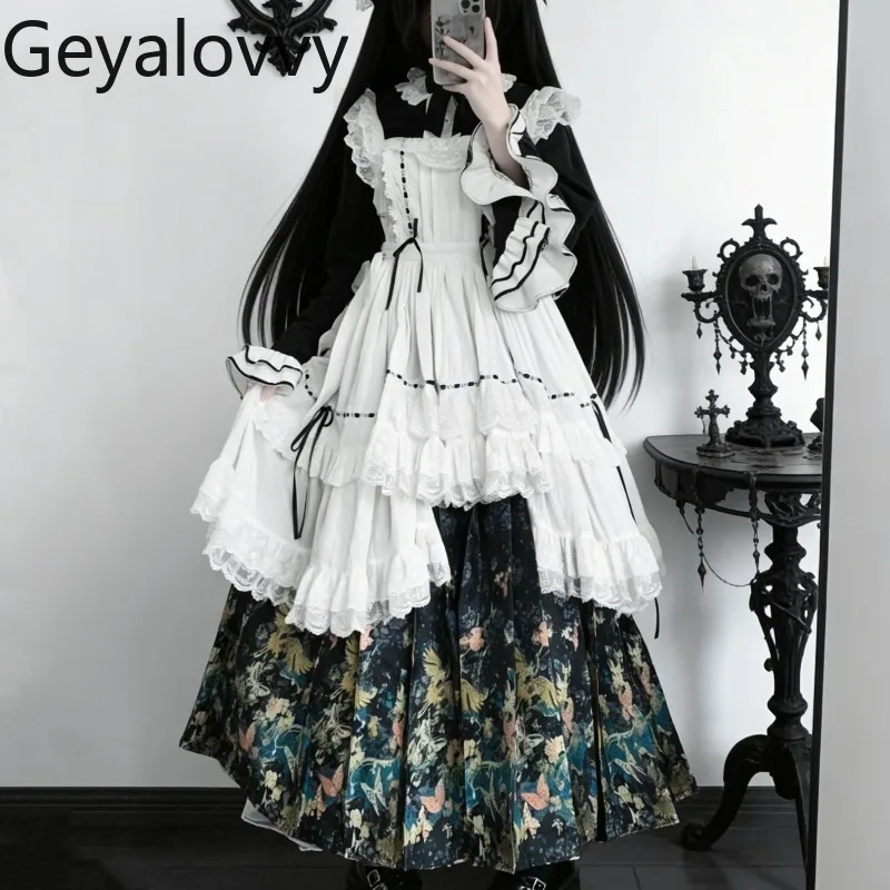 

Japanese Gothic Style Lolita Sweet Girl Tops Flared Long Sleeve Shirt and High-waisted Long Skirt Overlay Three-piece Set