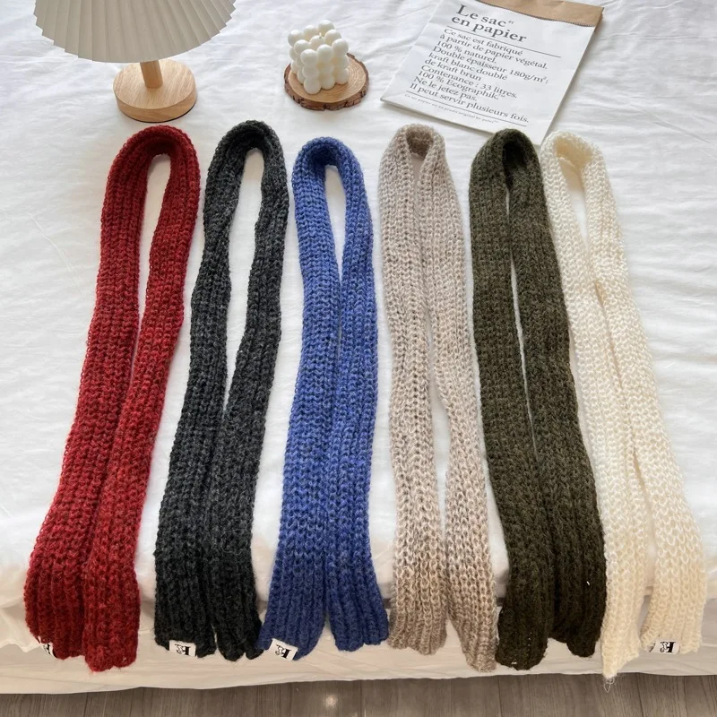 South Korea Special-Interest Design Thin Narrow Strip Solid Color Wool Scarf Winter High-Grade Fashion All-Match Knitted Scarf