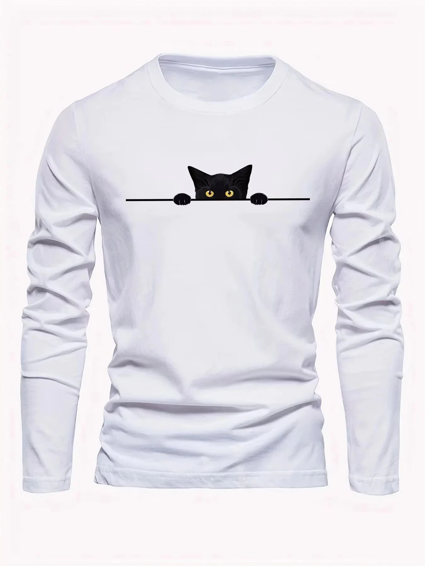 2026 New Men's Long-sleeved T-shirt for Spring and Autumn Featuring Street Fashion and Comfort with 3D Kitten Pattern Printing