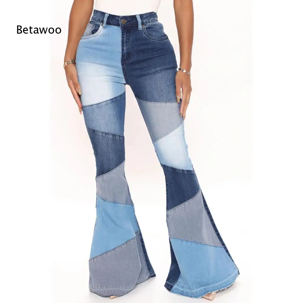 Women Color Block Patchwork High Waist Flared Jeans Multi Shade Blue Spliced Bell Bottom Denim Pants