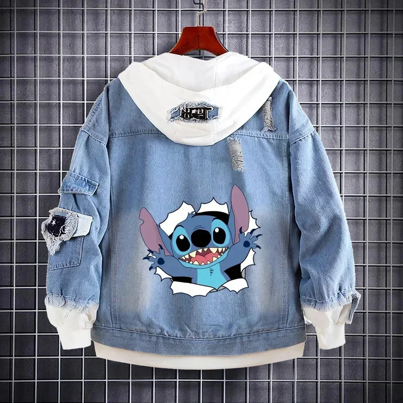 Sanrio Stitch Denim Hooded Coats Cute Cartoon Sweatshirts Kids Kawaii Anime Print Design Jacket Casual Streetwear Coat For Men