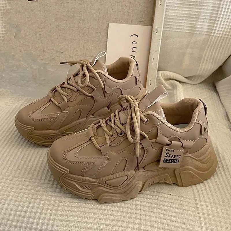 

Trending Hot Women Thick Sole Dad Shoes Spring Autumn Style 2025 New Arrival Hong Kong Style Versatile Khaki Casual Sneakers