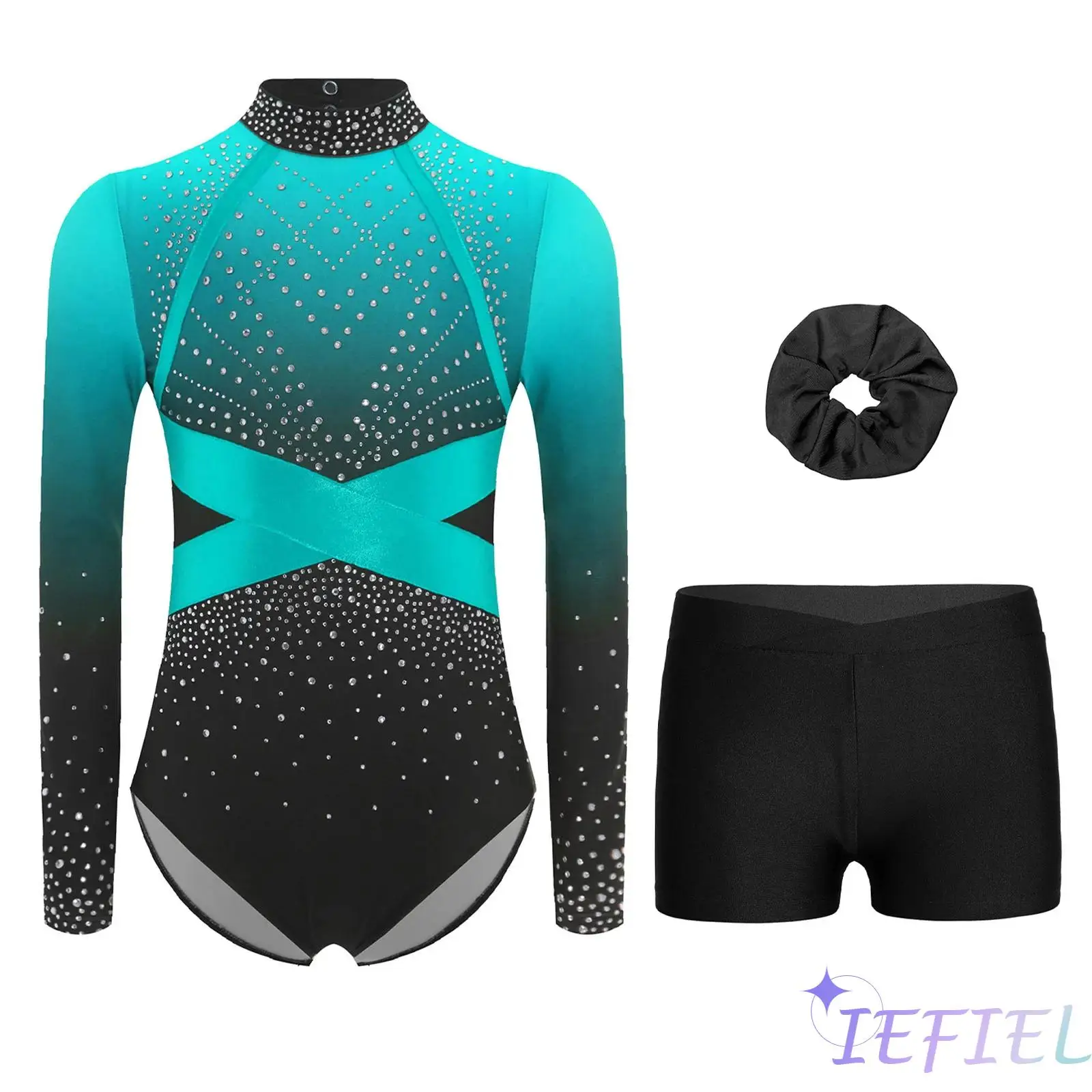 

Kids Girl Figure Ice Skating Dance Leotards Outfits Long Sleeve Shiny Rhinestone Color Block Gymnastics Leotard+Shorts+Hairband