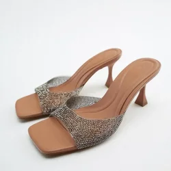 Peep Toe Women's Sandals Summer 2025 High Heels Bright Rhinestones Sexy Transparent PVC Slip-on Trendy Designer Ladies Shoes