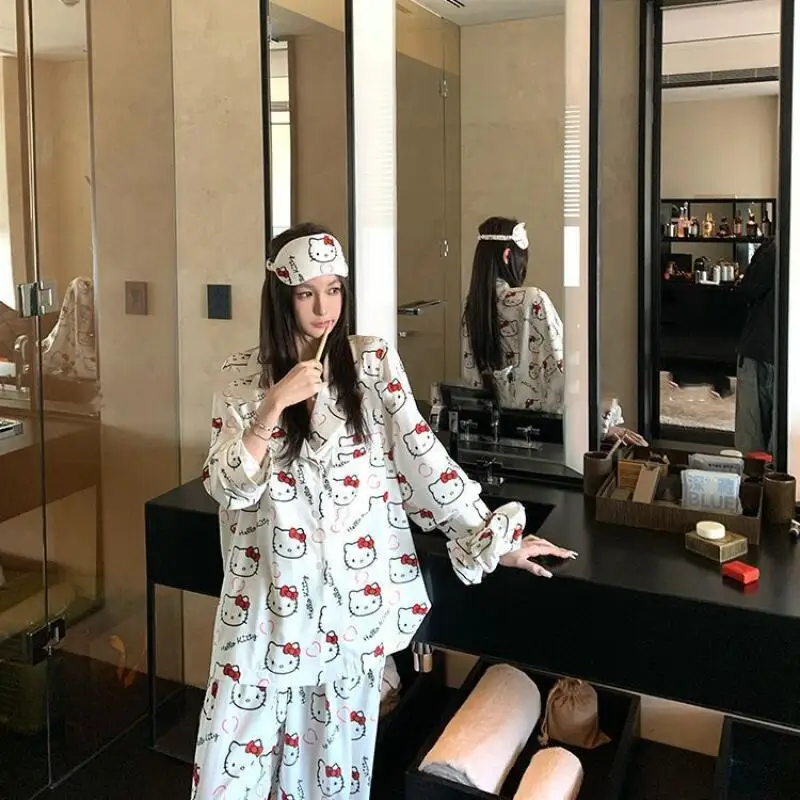 

Sanrio Hello Kitty Young Girl Pajama Sets Kawaii Cartoon Spring and Autumn Leisure Long Sleeves Long Pants Minimalist Homewear