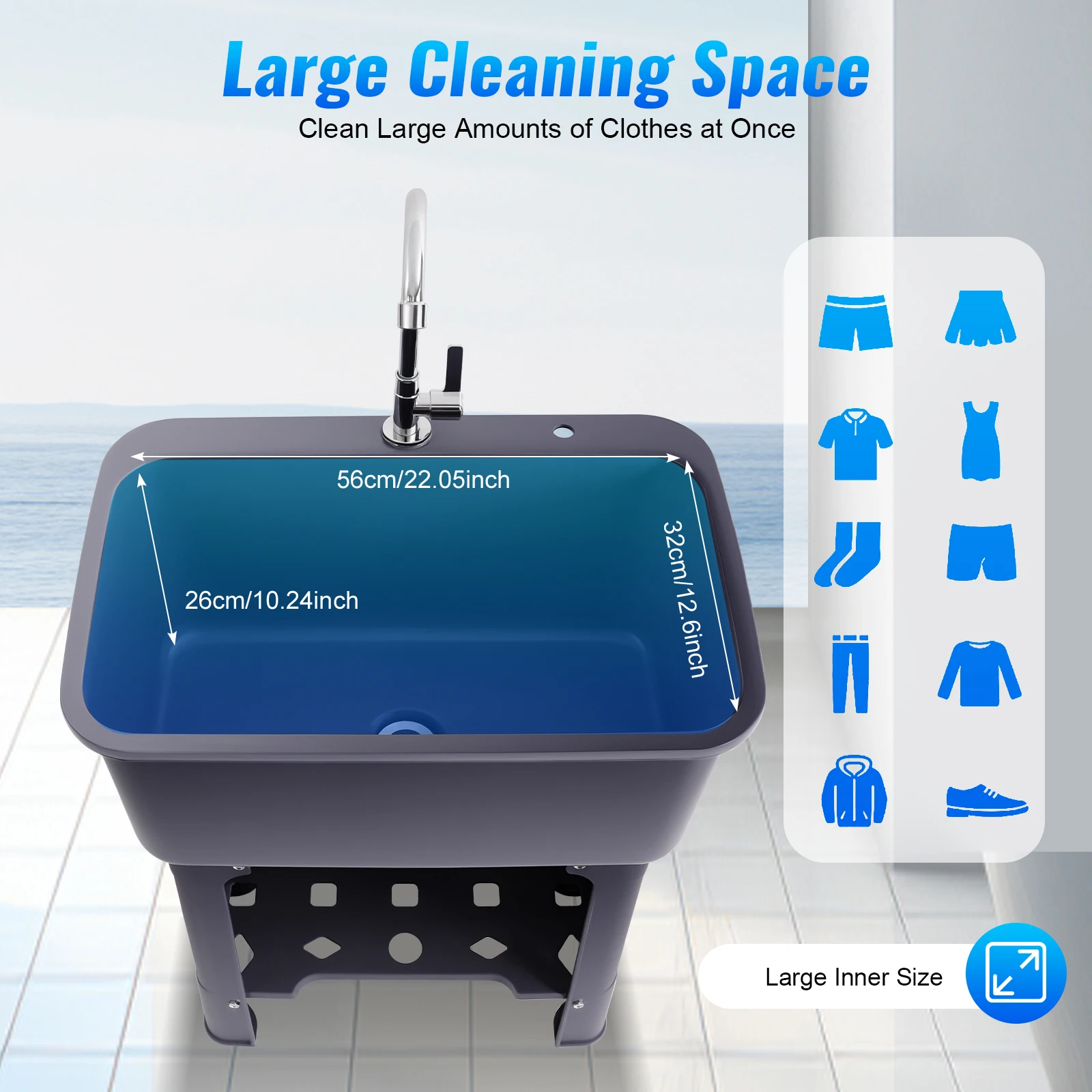 حوض غسيل قائم بذاته مع صنبور، حوض غسيل كبير سعة 48 لتر، حوض PP رمادي/أسود لغرفة الغسيل، المرآب، المطبخ