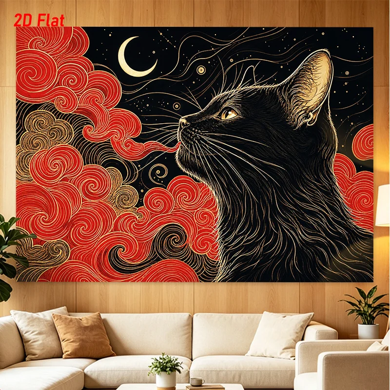 Aesthetic Celestial Cat Tapestry Space Moon Galaxy Wall Hanging Black Cat Cosmic Night Sky Decor Poster Art Bohemian Room Decor