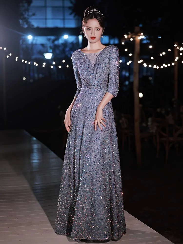 

Blue Evening Gown Women's New 2025 Sparkling Deep V-ne Ball Ele High-end Host Lightweight Dr Summer Mid-length Skirt