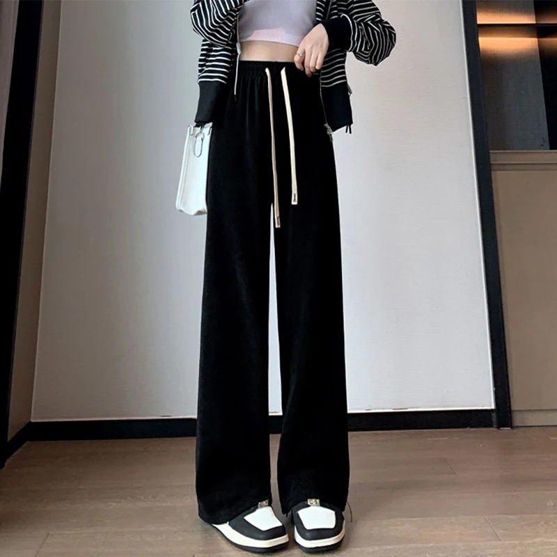 Losse Corduroy Wijde Pijpen Broek Vrouwen Herfst Winter Effen Kleur Hoge Taille Broek Vrouw Casual Trekkoord Gebreide Broek Vrouwelijke