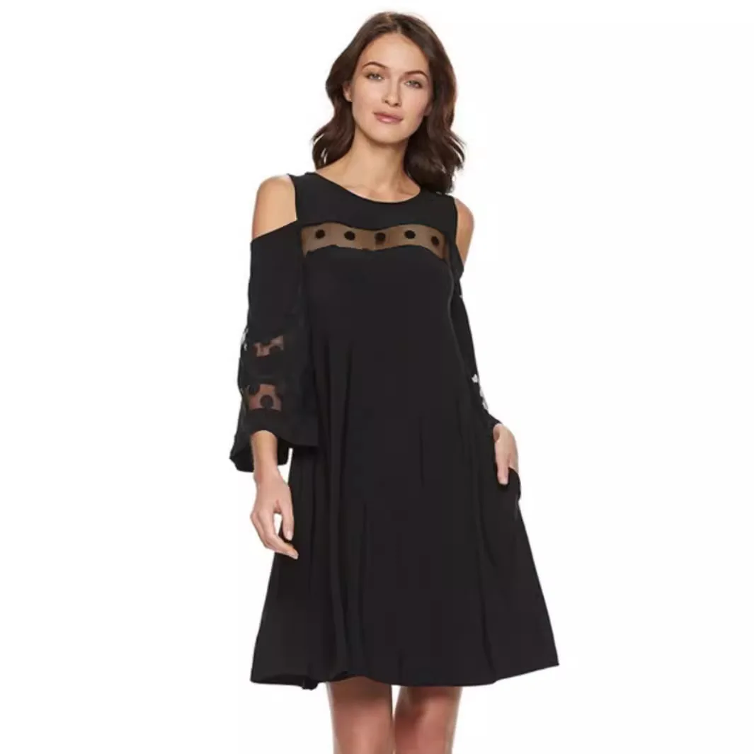 

New simple retro V-neck medium sleeve black splicing polka dot printing dress party sexy temperament elegant high-end clothing d