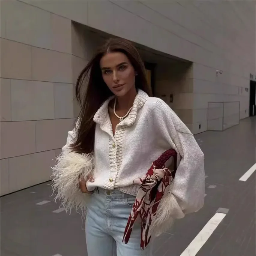 Red Fashion Spliced Feather Cuffs Knitted Cardigan Women's Casual O Neck Long Sleeve Buttons Sweater Chic 2024 Female Streetwear