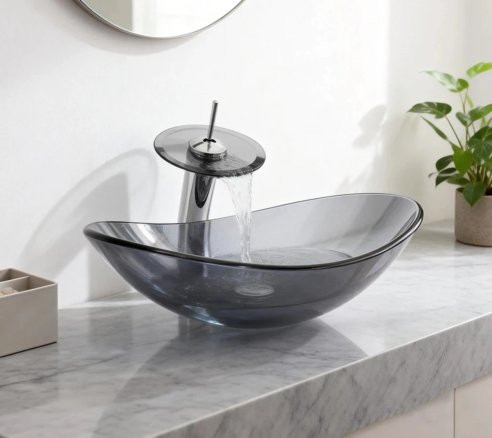 Oval Vanity Basin Sink Set Waterfall Spout Deck Mounted Faucet Mixer Tap With Pop-up Drain Kit Torayvino Bathroom Glass Tempered