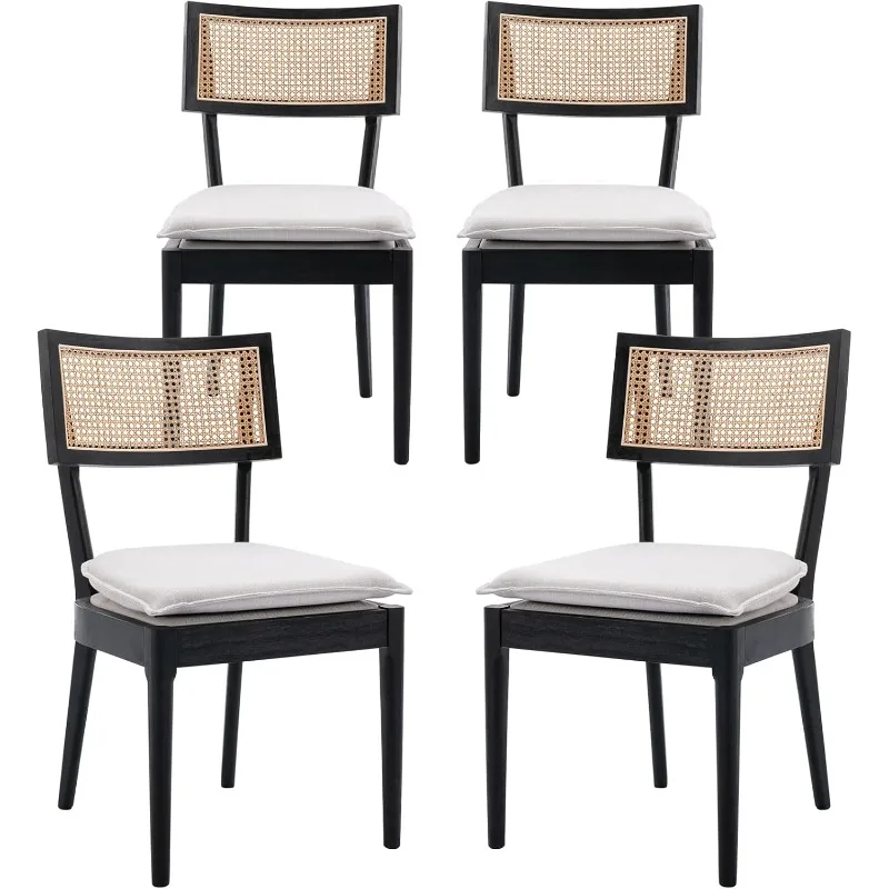 Rattan Farmhouse Dining Chairs Set of 4, Linen French Country Dining Chairs with Hollow Back, Double Upholstered Dining Room Cha