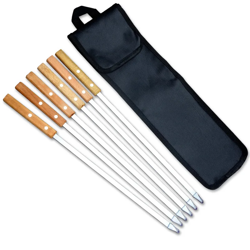 

6Pcs/Set Barbecue Meat String Skewer Chunks Of Meat Stainless Steel Natural Beech Handle Roast Stick For BBQ Outdoor Picnic 42cm