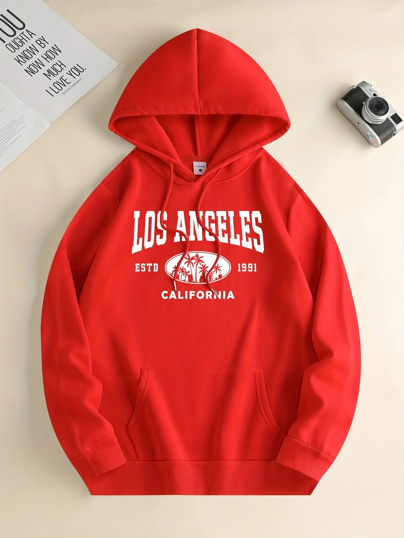 سترة نسائية بقلنسوة مطبوعة من LOS ANGELES سترة نسائية كاجوال بقلنسوة مع جيب الكنغر ملابس الشارع لشتاء الخريف كهدية