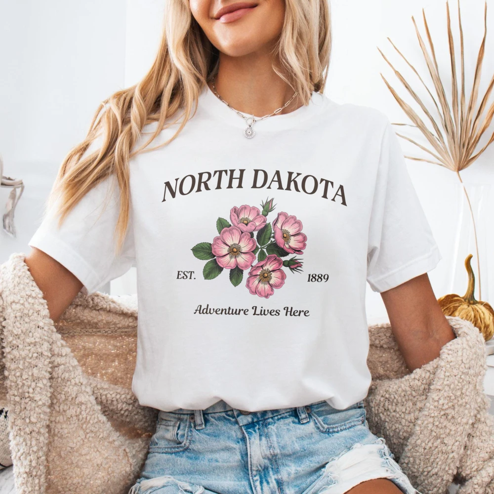 North Dakota Prairie Rose Shirt Retro State Flower Cotton Tee Nature Road Trip Graphic Shirt Scenic Travel Lover Casual Tops