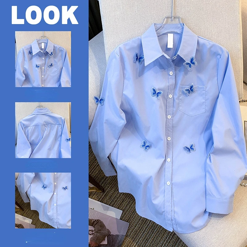 

Blue Butterfly Embroidery Women Shirts Summer New 2023 Pocket Patchwork Female Outwear Coats Tops