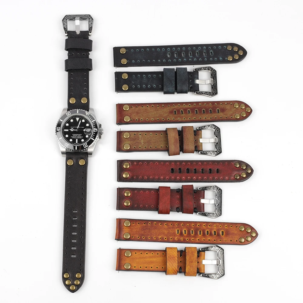 Middle Ages Vintage Genuine Leather Watchband Black Green 18mm 20mm 22mm 24mm Rivet Watch Strap With Flower Stainless Buckle