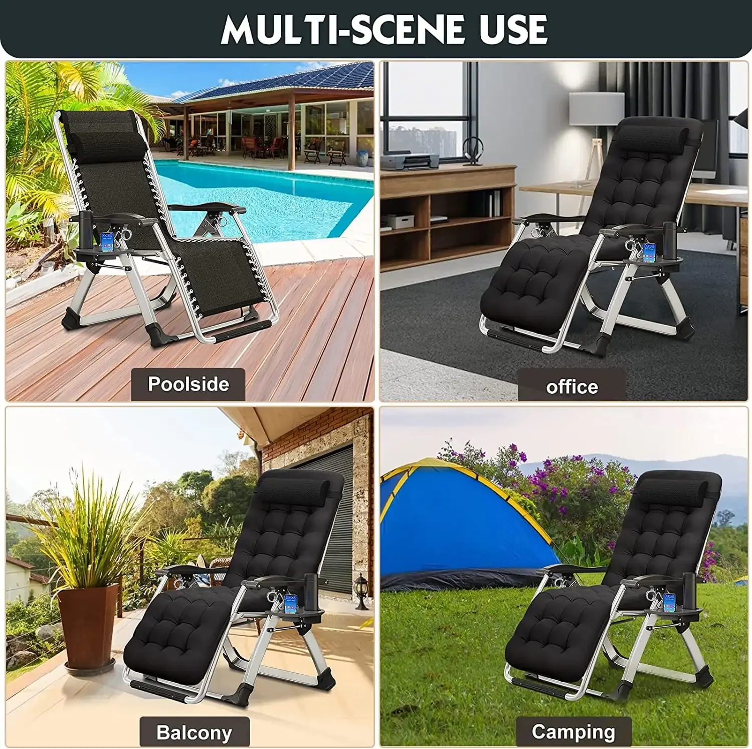 Zero Gravity Chair, Folding Adjustable 1 Indoor Reclining Lounge Chair with Removable Cushion, Headrest and Cup Holder image 4