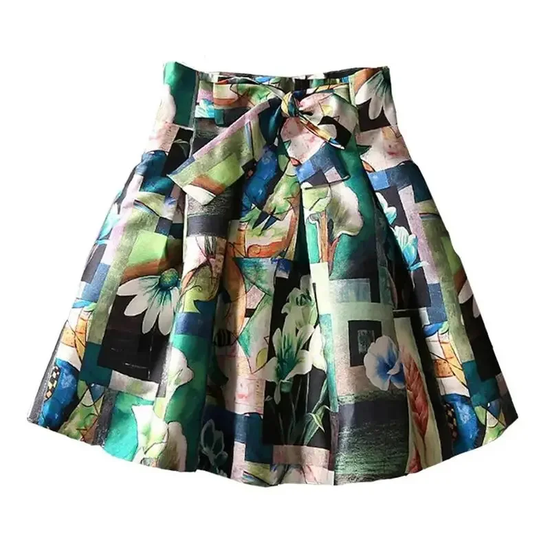 Green Floral Print Prairie Chic A-line Loose Bow Women's Skirt Korean Fashion Above Knee Short Skirts For Women 2024 Spring