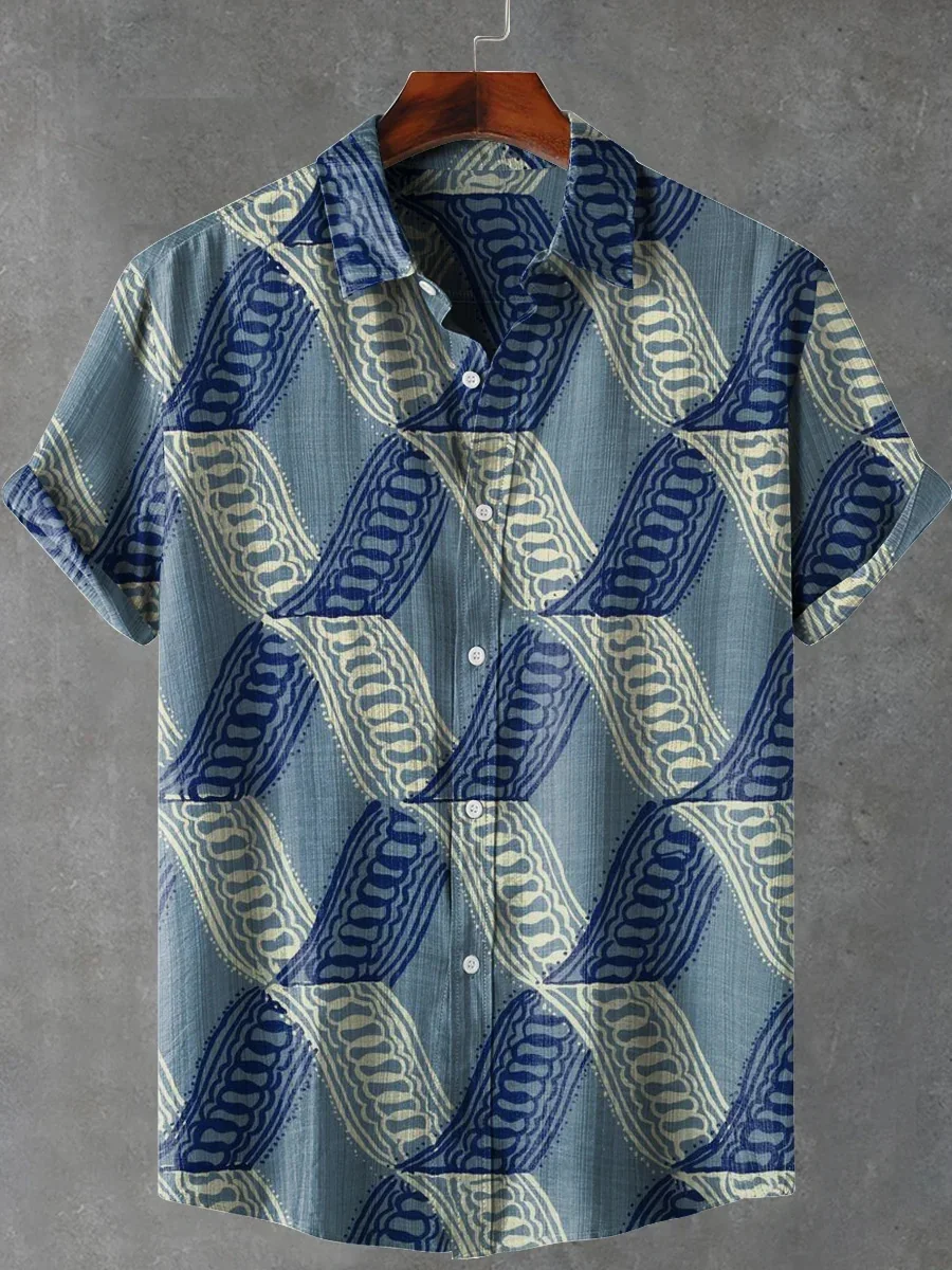 Mens Summer 2025 Comfortable Linen Short Sleeve Shirt Elegant Symmetrical Graphic Art Print Mens Casual Tops