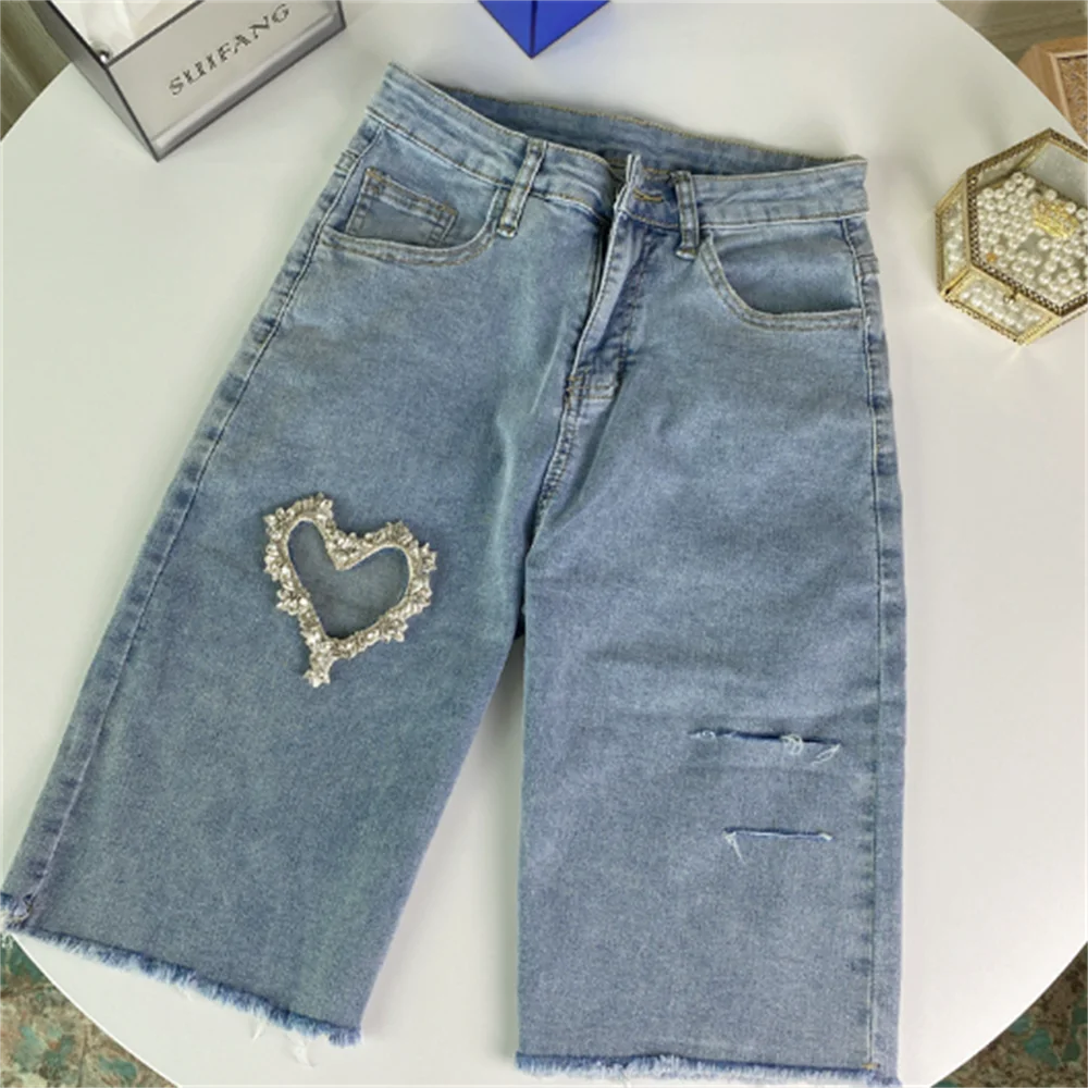 Denim Hole Washed pencil Pants Jeans Women Cotton Jeans Casual Trousers bead Denim Pants