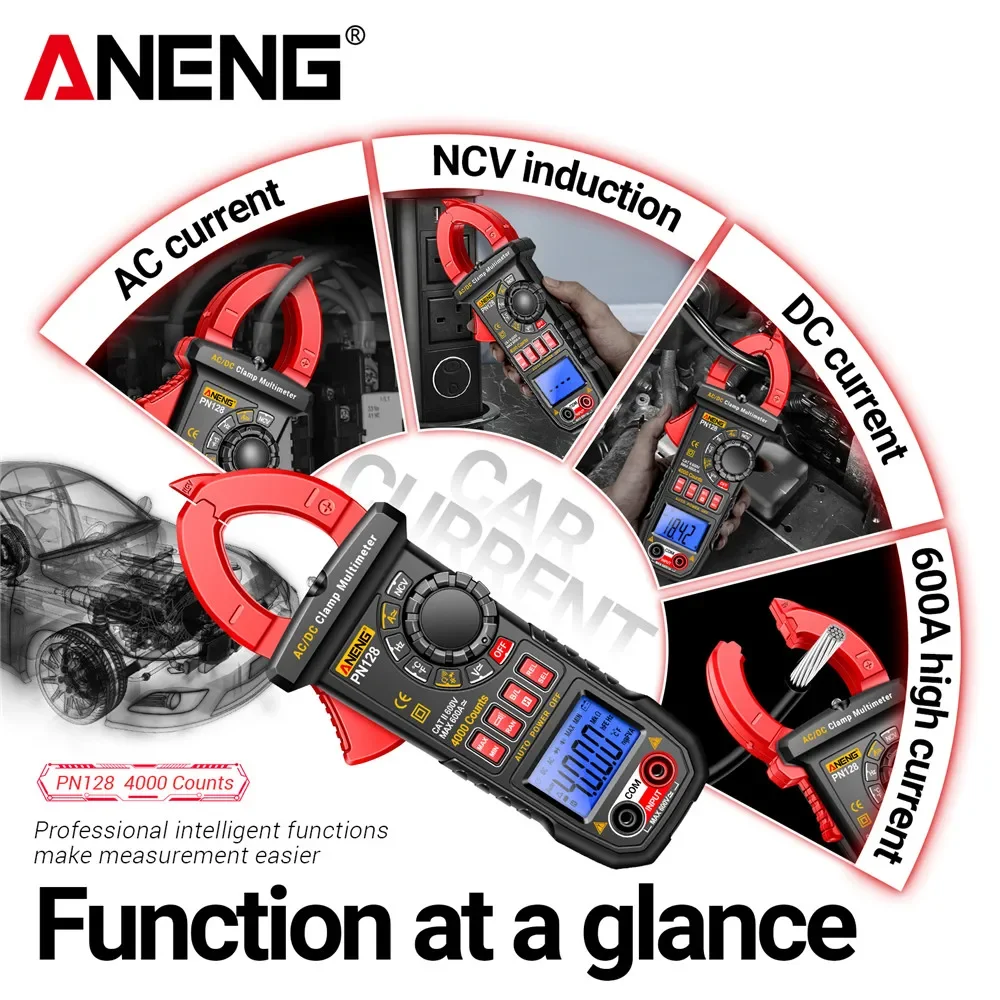 Цифровой мультиметр с клещами ANENG PN128, высокая точность, 4000 отсчетов, 600 А, переменный/постоянный ток, напряжение NCV, инструменты для измерения истинного среднеквадратичного значения