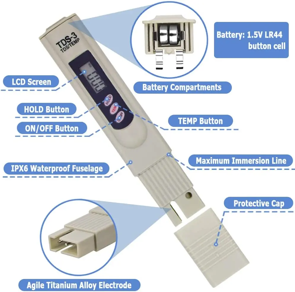 Handheld TDS Digital Water Tester Water Test Pen Water Quality Analysis Meter Water Purity Check 0-9999 PPM for Aquarium