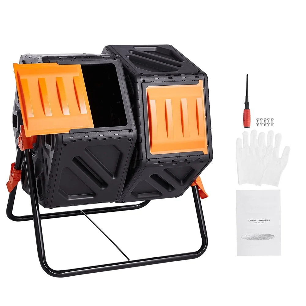 بهلوان سماد مزدوج الغرفة سعة 37 جالونًا، نظام دوار 360 درجة، إطار فولاذي خالٍ من مادة BPA، إعادة تدوير النفايات العضوية الفعالة