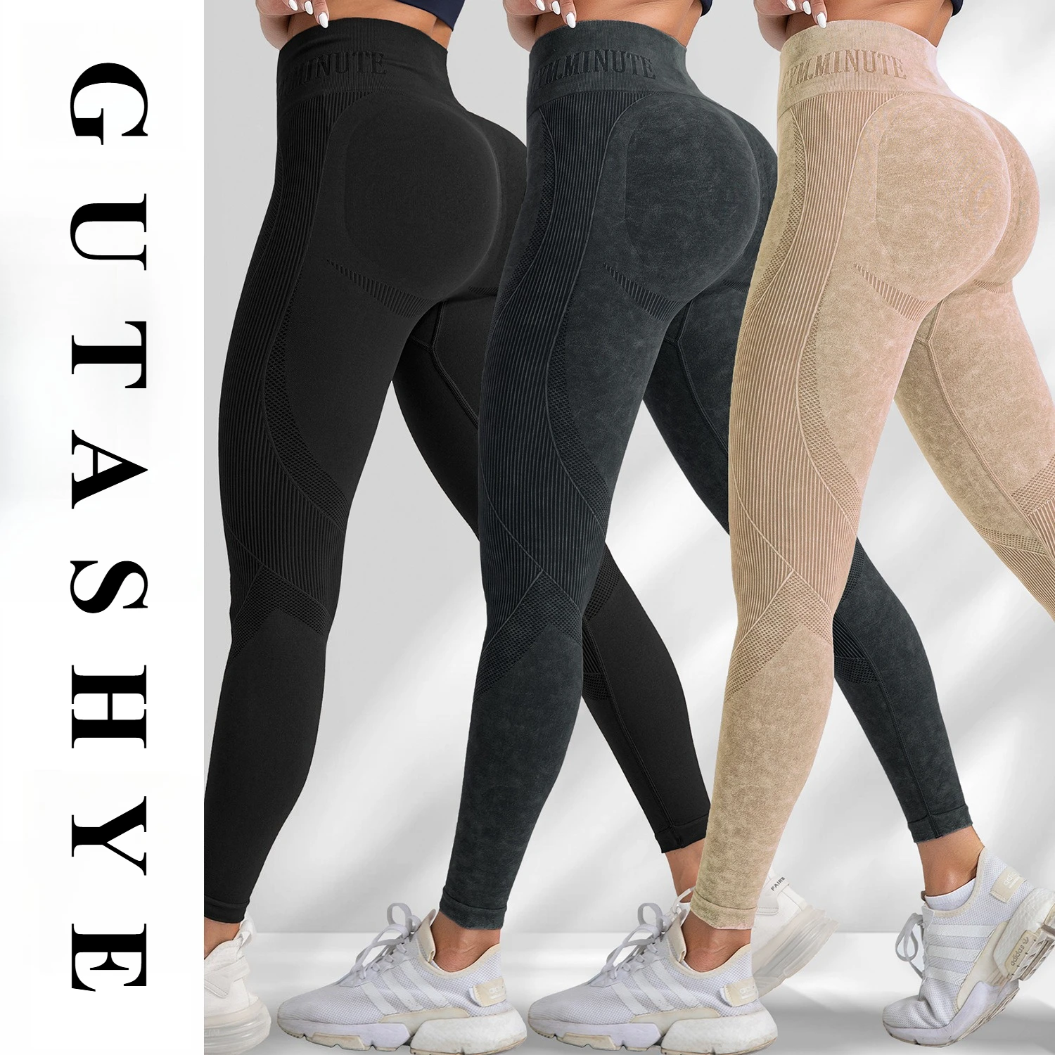 Women Seamless Yoga Leggings Sand Washed Quick Dry Letter Print Butt Lifting Tight Fitness Sports Pants