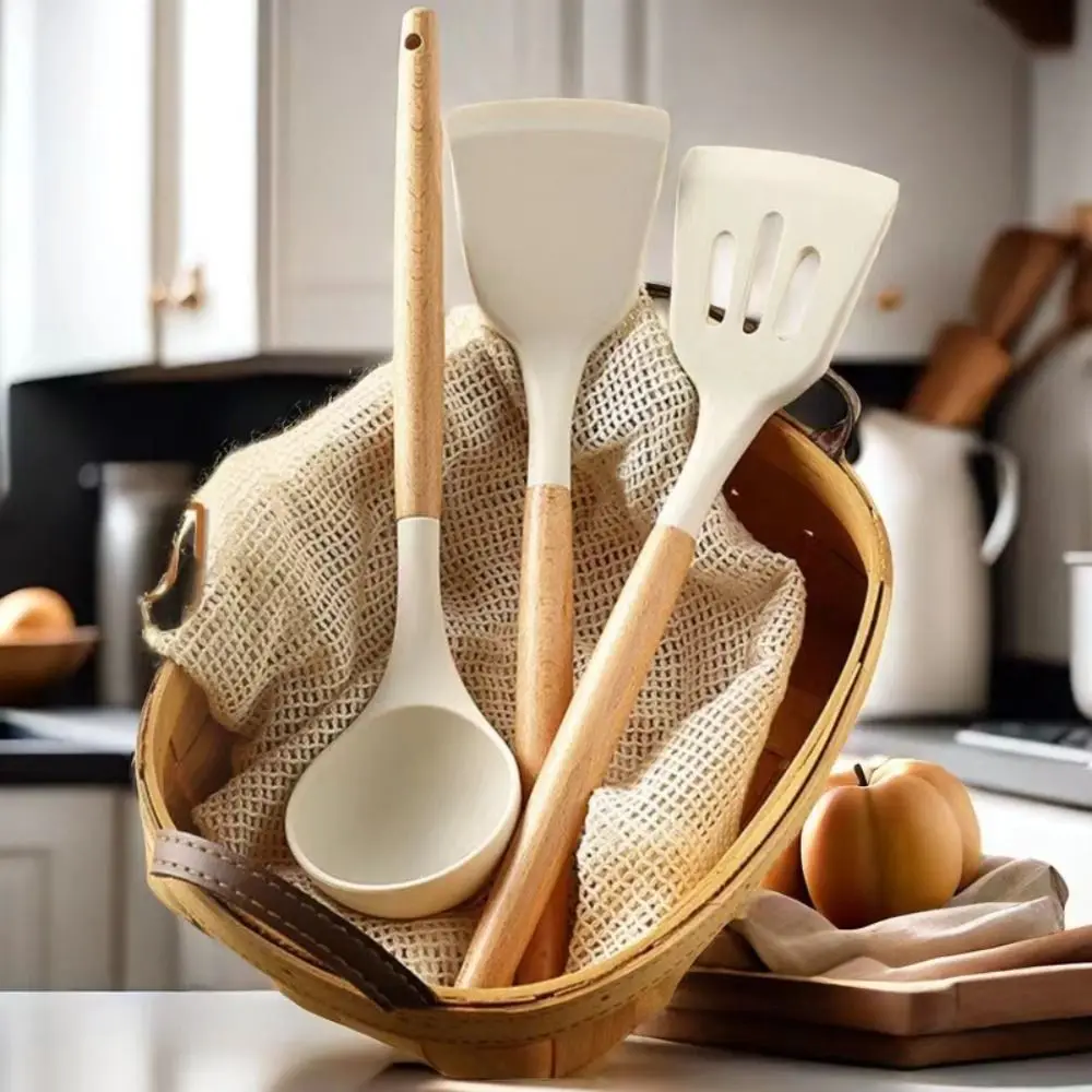 

3Pcs/set Non-Stick Silicone Spoon Shove Heat Resistant Non-slip Cooking Turner Spatula Colander Wooden Handle Anti-scalding