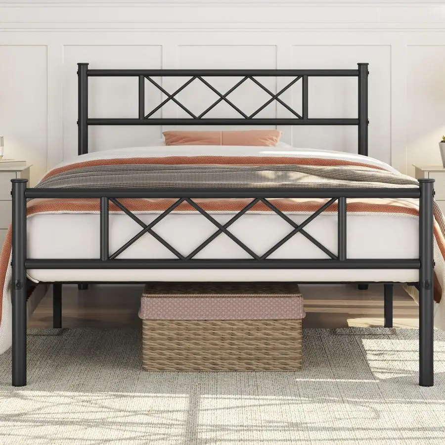 

Twin XL Size Metal Platform Bed Frame with Simple Headboard and Footboard, Mattress Foundation for Under Bed Storage, Steel Sla