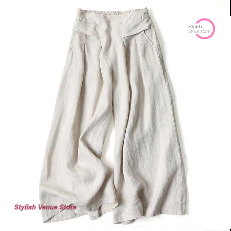 

French loose drop-feeling literary cotton and linen wide-leg culottes women's summer elastic high waist and thin cropped pants.